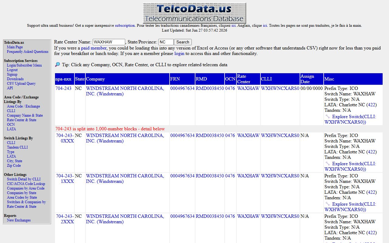 Waxhaw phone area codes TelcoData NPA NXX prefix list