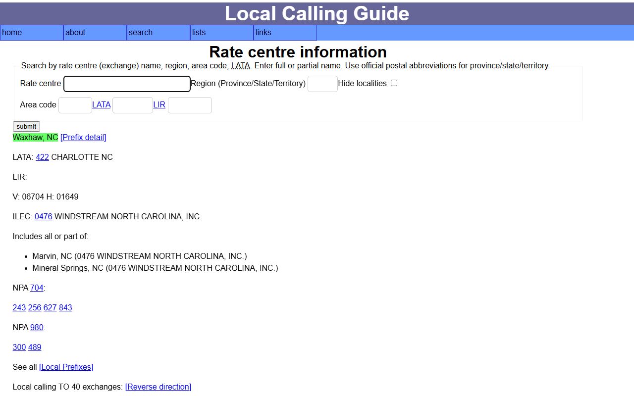 Waxhaw phone area codes Local Calling Guide rate center